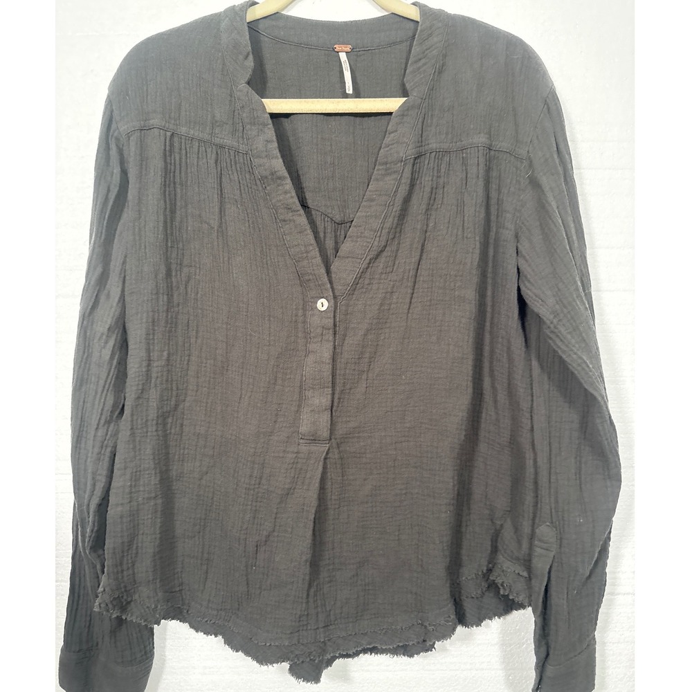 Free People Blouse Womens Small Charcoal Grey Gauze We The Free Western Raw Hem